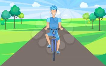 Man on bicycle front view vector illustration. Riding cyclist wearing blue helmet on sunny day in countryside filled with lush trees ride in park