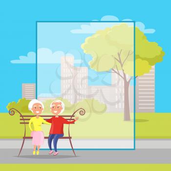 Happy grandparents day poster with senior couple sitting on bench, old husband and wife together, skyscrapers and city park vector with frame for text.