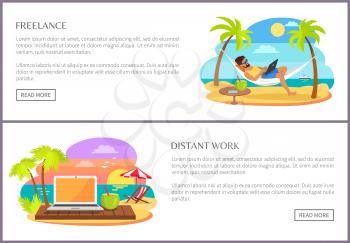 Freelance and distant work, website collection with man and laptop, cocktail and straw, seaside and sunshine freelance isolated on vector illustration