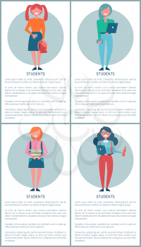 Student girls set of posters with schoolgirls in cartoon style, piles of books, cute handbags, notebook and cola in hands vector illustrations with text
