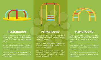 Playground colorful set of posters vector illustration of swinging merry-go-round for children, ladder and rotating carousel