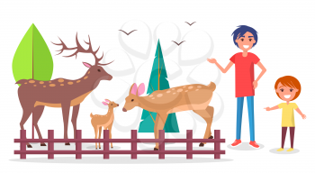 Child with parent at zoo near deers family corral isolated vector illustration on white background. Father talks to son about animals.
