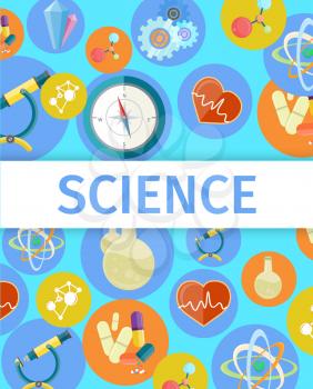 Science trendy inventions from various branches colorful vector poster. Useful thing created by experiments for curing diseases banner design