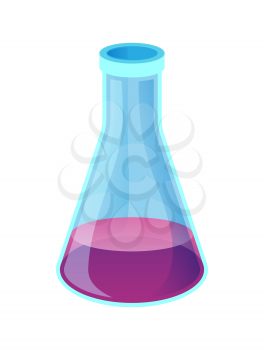 Chemical conus shape flask with purple liquid inside vector illustration icon isolated on white background. Laboratory reservoir made of glass