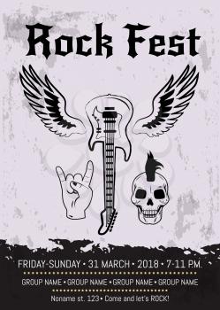 Rock fest announcement with guitar surrounded by wings and sign of horns. Vector illustration with icons of rock symbols and room for information about party