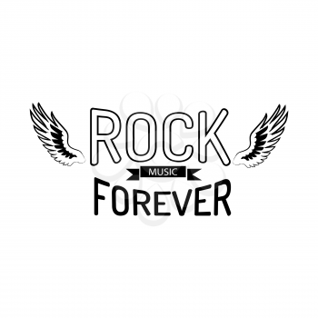 Rock music forever, titles written in different fonts on centerpiece of picture, icon of wings vector illustration isolated on white background
