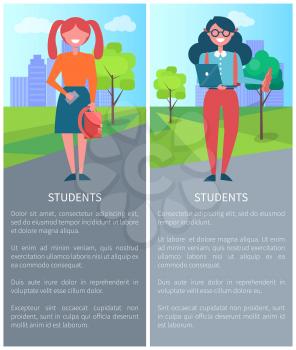 Students on background of city, description with girls holding laptop and backpack, faceless characters. Vector with schoolgirls poster with text