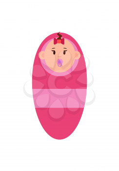 Newborn baby girl with pacifier and small bow on forelock wrapped in warm pink blanket isolated cartoon flat vector illustration on white background.