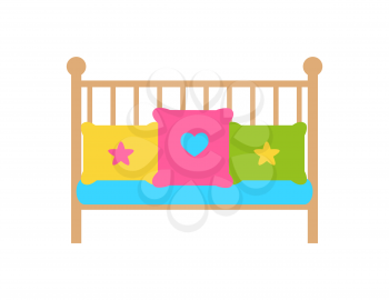 Crib young child s bed with barred or latticed sides, color pillows or couches with heart and stars vector illustration isolated on white background