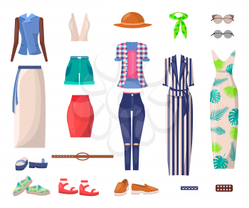 Female summer clothes and stylish shoes. Long dress, elegant costume, bright shorts, fancy skirts and fashionable accessories vector illustrations.