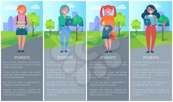 Students activities review with girls walking in summer city park with laptop or bag. Vector illustration with text and buildings on background