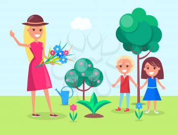 Cheerful boy and girl planting flowers with their smiling mother on sunny day vector illustration. Family gardening against background of blue sky