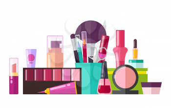 Set of various cosmetic stuff vector illustration of different containers with polish, pink lipstick, eyeliners and creams isolated on white backdrop