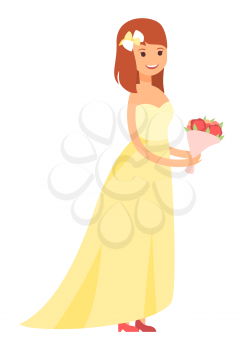 Cheerful lady with brown hair vector illustration of beautiful fiancee in nice bright yellow gown, cute pink shoes pretty small flower braid into hair