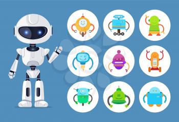 Futuristic robot with artificial intelligence and mechanic models set. Powerful humanoid and small robots isolated cartoon vector illustrations set.