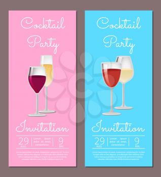 Cocktail party your invitation poster template with information about time and date of holiday, vector illustration isolated with wine and champagne