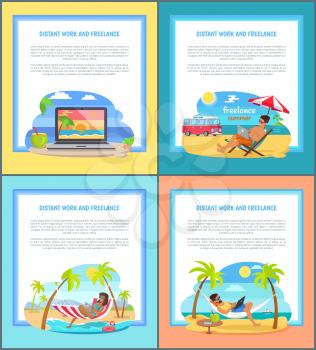 Distant work and freelance promotional posters set. Freelancers work on laptop at beach promotional banners with sample text vector illustrations.