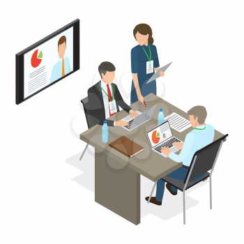 Business people at table deciding working issues. Vector illustration of man working on laptop with diagrams, woman standing at desk, business news showing on plasma TV in office, coaching concept
