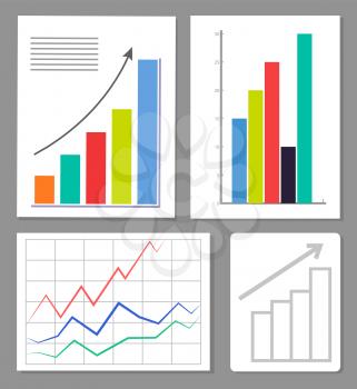 Set of four charts, colorful vector illustration, statistics data visualization, positive growth, charts with varied color pillars, abstract grid