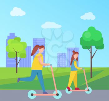 Mother and daughter riding pink kick scooters vector in city park on background of skyscrapers. Female parent and young child spending free time actively