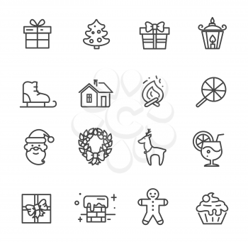 Set of cute transparent icons isolated on white background. Vector illustration with gift box decorated with bow, snowy chimney and smiling Santa Claus