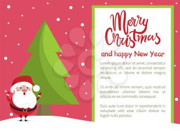 Merry Christmas and Happy New Year poster with Santa paying snowballs near evergreen spruce or fir tree in forest vector postcard template with text