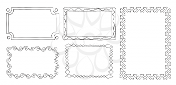 Collection of frames with round swirls, rectangular frames with triangle elements vector illustration in flat design. Vintage ornamental frames in linear graphic style isolated on white background.