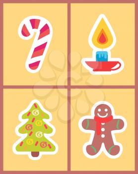 Sweet candy stick, burning candle, New year tree and gingerbread boy set of vector icons in Merry Christmas concepts, color stickers in cartoon style