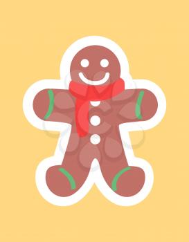 Gingerbread boy sticker in white framing vector illustration of sweet cookie isolated on beige background. Cute smiling dessert in red scarf