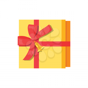 Gift box present wrapped package icon top view vector illustration. Packed holiday boxing with red bow and ribbon decorated by bell isolated on white