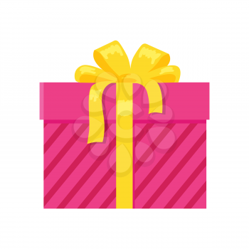 Parcel package icon in decorative pink wrapping paper with stripes decorated by yellow bow with ribbon vector isolated on white, present gift box symbol