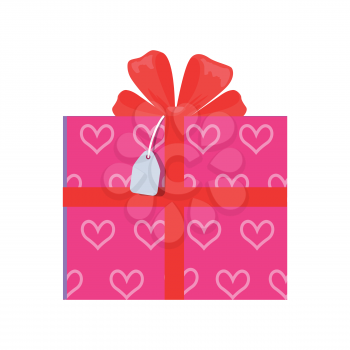 Festive giftbox wrapped in paper with pink hearts and decorated by bow and red ribbon vector illustration of gift in Valentines day concept isolated