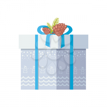 Package wrapped in grey paper with snowman and snow, decorated on top by bow and two spruce cones vector illustration isolated on white background