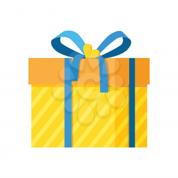 Parcel package icon in decorative yellow wrapping paper with stripes decorated by bue bow with ribbon vector isolated on white, present gift box symbol
