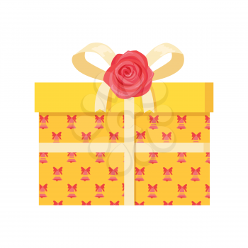 Boxing pack present wrapped in paper with red bells, topped by rose flower and bow, yellow gift boxes vector illustration isolated on white background.
