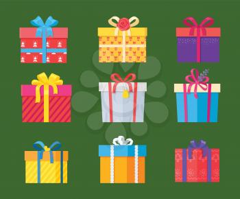 Set of parcel package icons in decorative wrapping paper with bows and ribbons vector isolated on green, present gift boxes colorful holiday packs