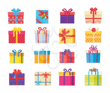 Set of gift box presents wrapped packages icons vector. Packed holiday boxing with bows and ribbon decoration isolated on white in cartoon style