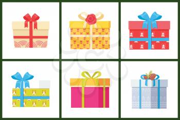 Gift box present wrapped package icon vector set. Packed holiday boxing with bows and ribbons isolated on white, decorated by flower and cones