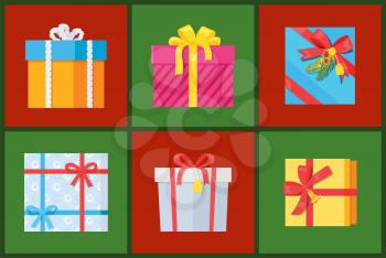 Gift packs set, presents wrapped in paper with red ribbons, topped by pine bells and bow, holiday boxes vector illustration isolated on white background.