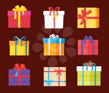 Set of gift box presents wrapped packages icons vector. Packed holiday boxing with bows and ribbon decoration isolated on burgundy background