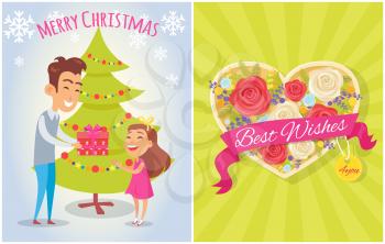 Merry Christmas best wishes for you postcard heart shape greeting card with rose flowers and father giving present to daughter near Xmas tree vector