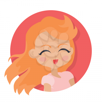 Illustration of isolated smiling girl with red long hair and forelock. Red lips. Portrait of nice female person in pink blouse. Closed eyes. Simple cartoon style. Front view. Flat design. Vector