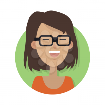 Woman face emotive icon. Smiling cute brown-haired female character flat vector illustration isolated on white. Happy human psychological portrait. Positive emotions user avatar. For app, web design