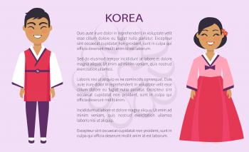 Korea representatives of culture and customs, man and woman in traditional outfit vector international day, ethnic people with text, native koreans