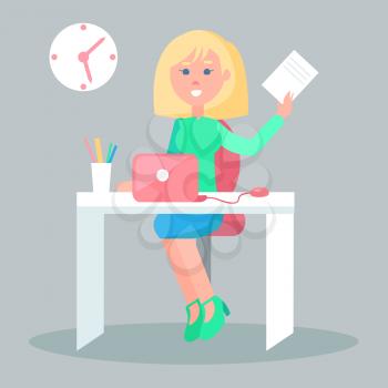 Cartoon female character sits at table with laptop holding letter in hand. Vector illustration of comfortable work process. Blonde woman does her job on notebook in cozy office in flat design