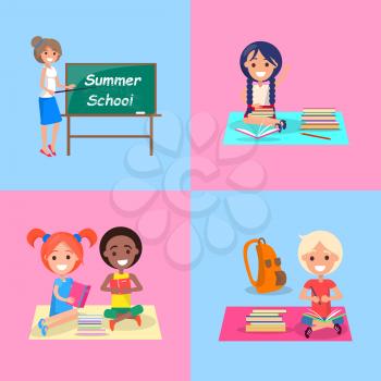 Summer school set of posters. Vector illustration of smiling teacher and cheerful children studying during their summer vacation on blue and pink