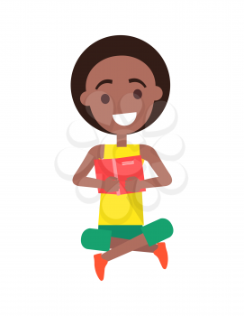 Smiling afro american boy dressed in yellow sleeveless t-shirt and green shorts holding pink hard back book with both hands isolated vector illustration