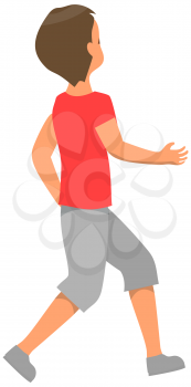 Young guy in casual clothing walking and looking back. Male character looks at something behind him. Back view of boy wearing shorts and t-shirt, vector illustration isolated on white background