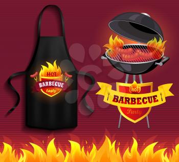 Protective garment for cooking. Safety clothing for barbecue cookery. Apparel for grilling food. Black apron with barbecue restaurant logo image next to grill. Apron for cooking grilled dishes