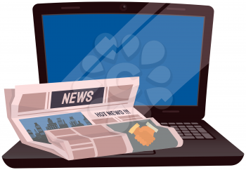 Paper publication with fresh news. Publishing article, newspaper about business, city life on background of laptop. Newspaper with hot news headline. Paper country affairs report vector illustration